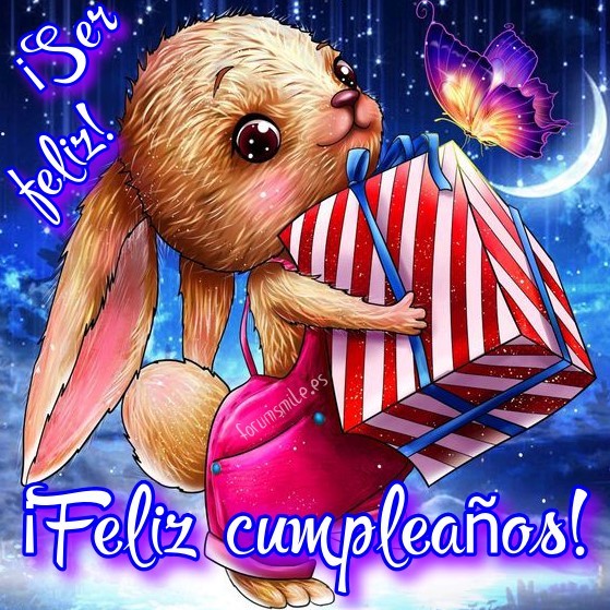 Conejo sosteniendo un regalo, ¡feliz cumpleaños!